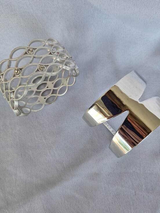 Jewelry - Set of 2 Silver Tone Statement Cuff Bracelets –Rhinestone Openwork & Modern Wide